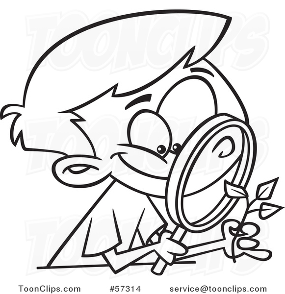 Cartoon Outline of Happy Boy Observing a Plant Through a Magnifying Glass