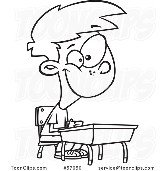 Cartoon Outline of Happy Boy Sitting at His School Desk