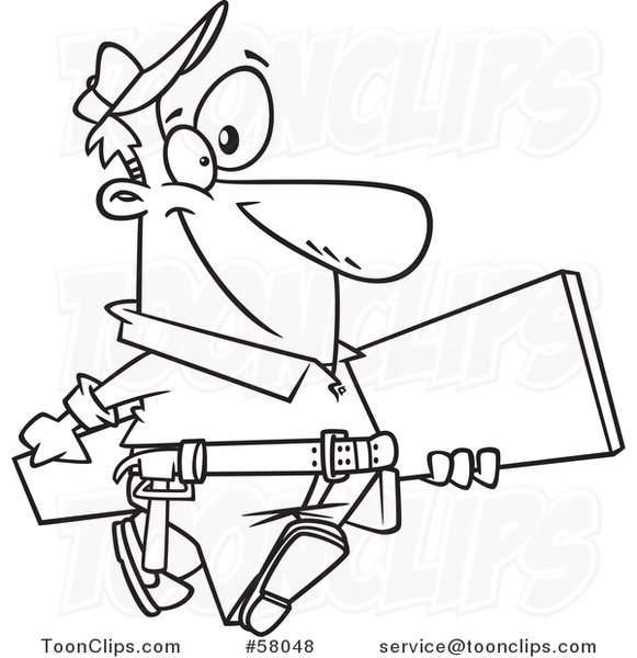 Cartoon Outline of Happy Carpenter Carrying a Board