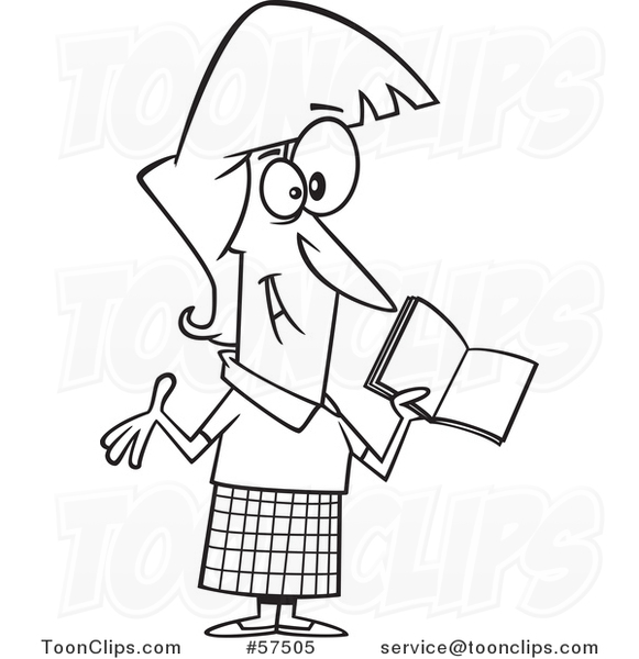 Cartoon Outline of Happy Female Teacher Holding a Book