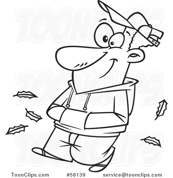 Cartoon Outline of Happy Guy Taking an Autumn Stroll