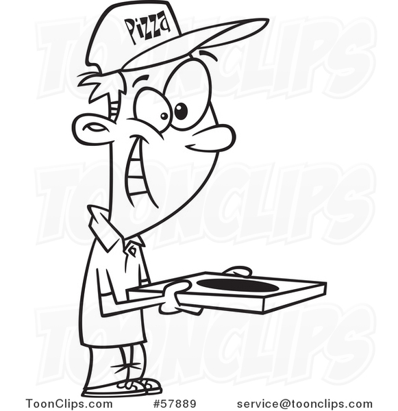 Cartoon Outline of Happy Pizza Delivery Man Holding a Box