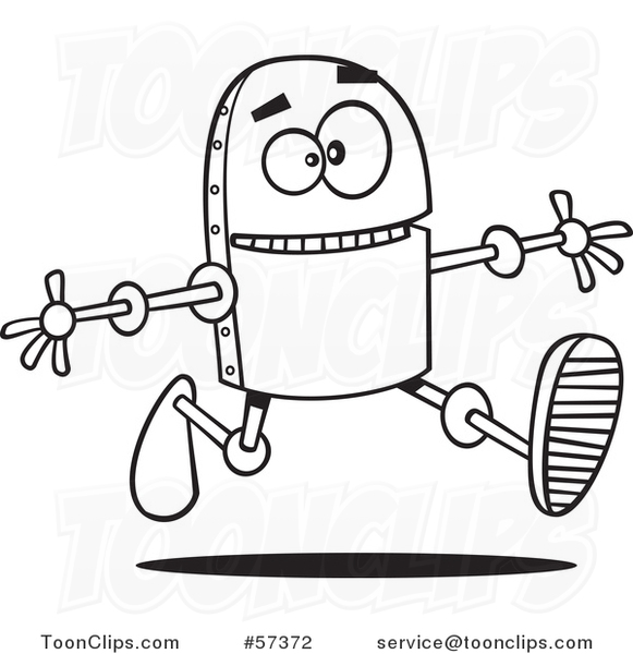Cartoon Outline of Happy Robot Running with His Arms Open