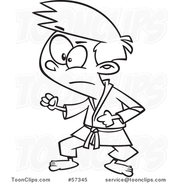 Cartoon Outline of Karate Boy in a Fighting Stance