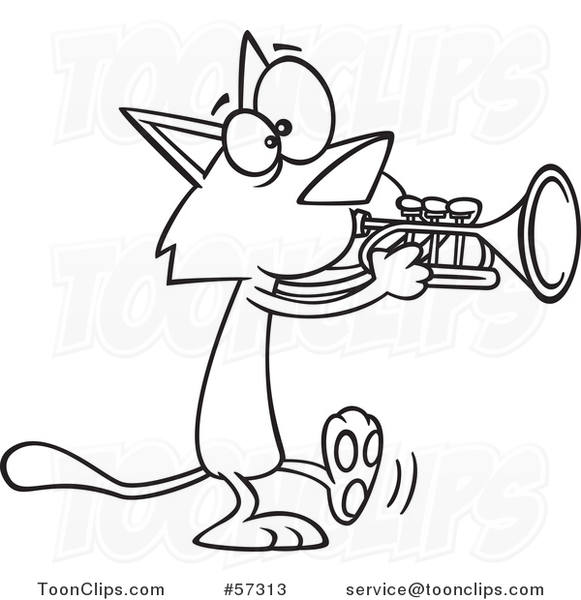 Cartoon Outline of Kitty Cat Walking and Playing a Trumpet