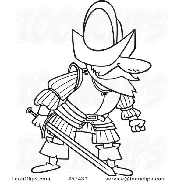 Cartoon Outline of Mad Conquistador Holding a Sword