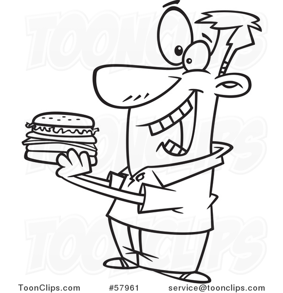 Cartoon Outline of Man Eating a Hamburger