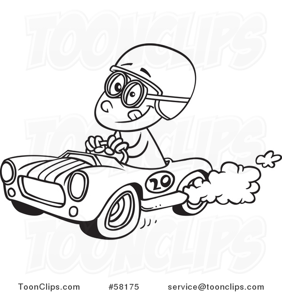 Cartoon Outline of Race Car Driver Boy.