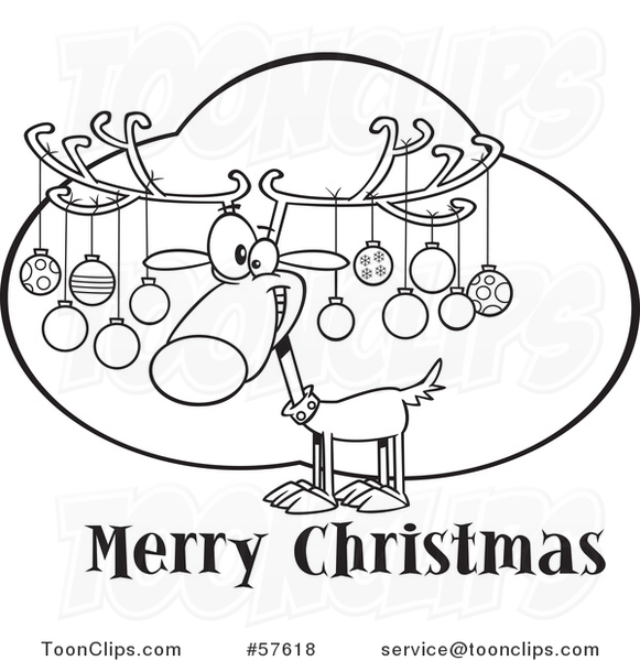 Cartoon Outline of Reindeer with Ornaments on His Antlers over Merry Christmas Text