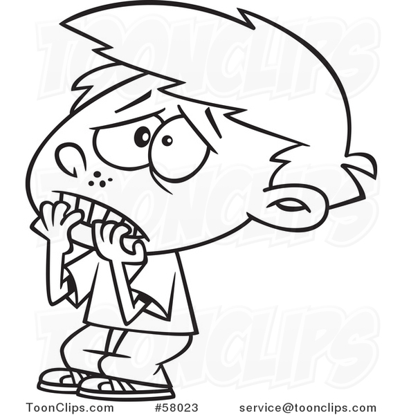 Cartoon Outline of Scared Boy Biting His Finger Nails.