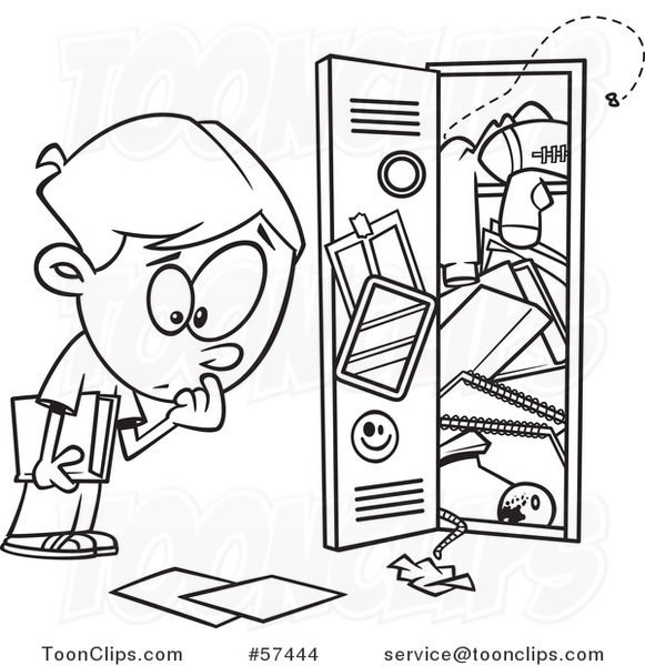 Cartoon Outline of School Boy at a Messy Locker