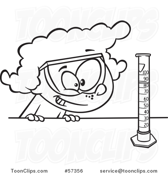 Cartoon Outline of School Girl Looking at a Science or Chemistry Cylinder