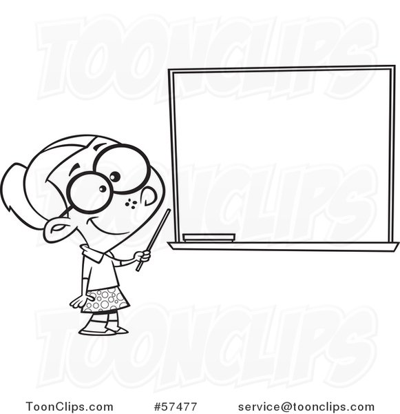 Cartoon Outline of School Girl Pretending to Be a Teacher, Standing by a Chalk Board