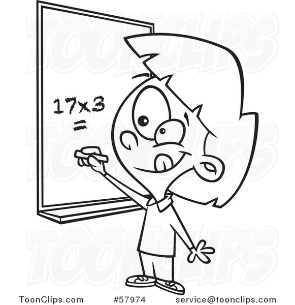 Cartoon Outline of School Girl Solving a Multiplication Math Problem