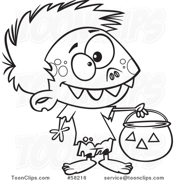 Cartoon Outline of Zombie Boy in a Bear Halloween Costume, Holding out a Trick or Treat Pumpkin Bucket