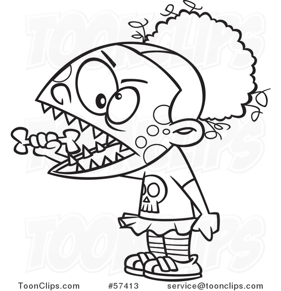 Cartoon Outline of Zombie Girl Eating a Bone