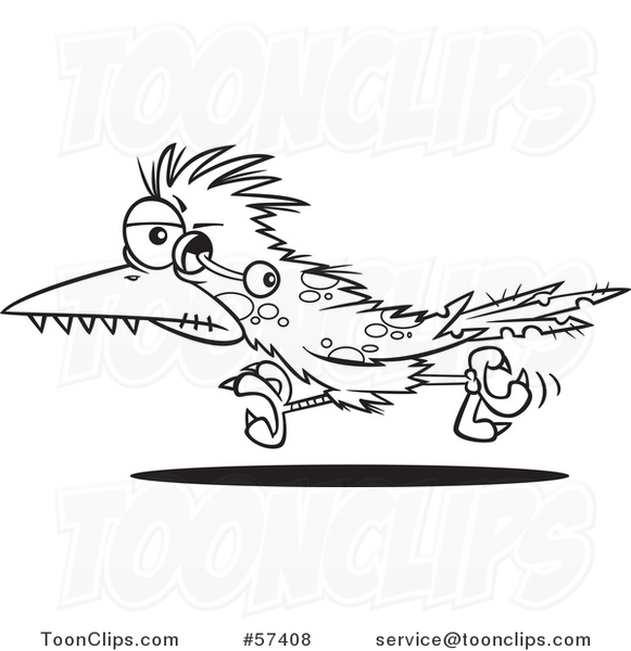 Cartoon Outline of Zombie Roadrunner Bird with an Eyeball Hanging out