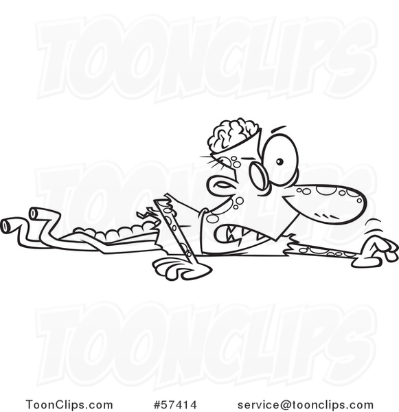 Cartoon Outline of Zombie with His Lower Body Missing and Guts Hanging Out,  Crawling in the Ground #57414 by Ron Leishman