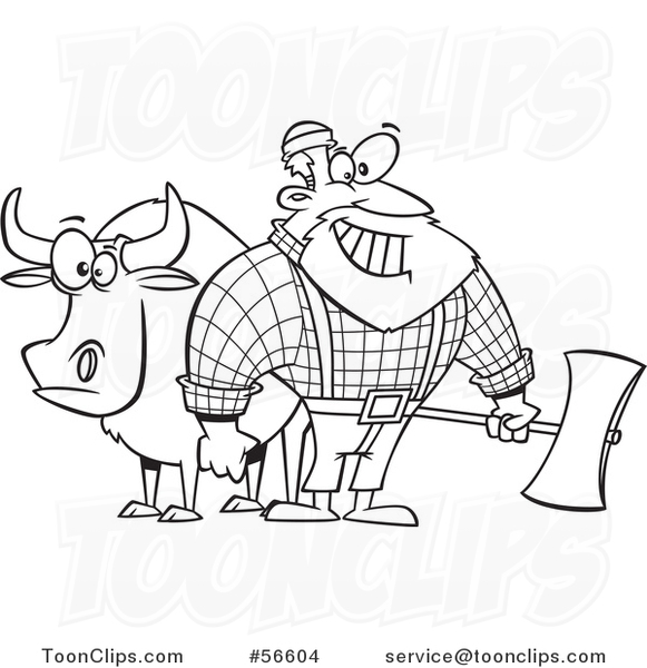 Cartoon Outline Paul Bunyan Lumberjack Holding an Axe by Babe the Blue Ox