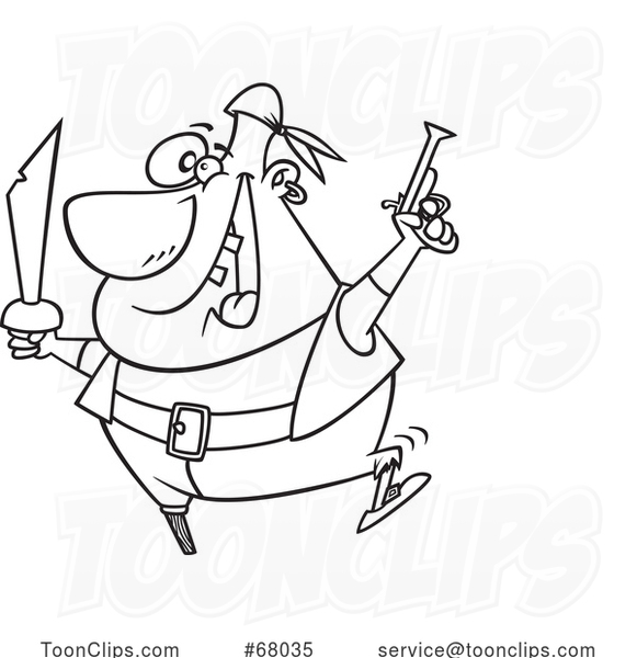 Cartoon Outline Peg Leged Pirate with a Pistol and Sword