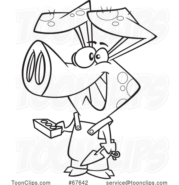 Cartoon Outline Pig Carrying a Brick from the Three Little Pigs