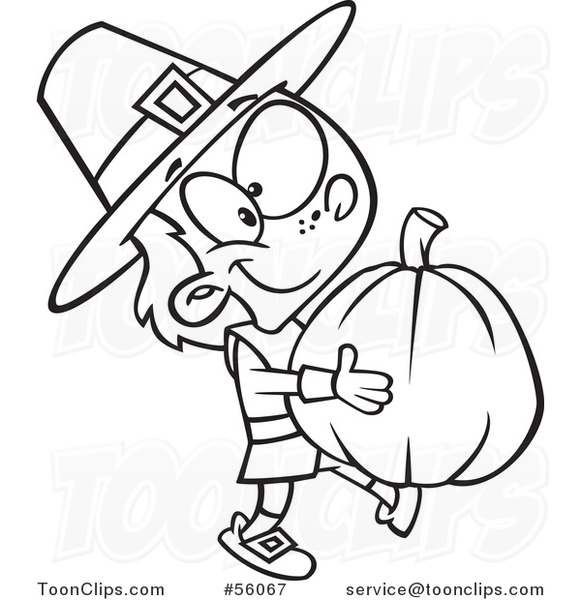 Cartoon Outline Pilgrim Boy Carrying a Big Pumpkin