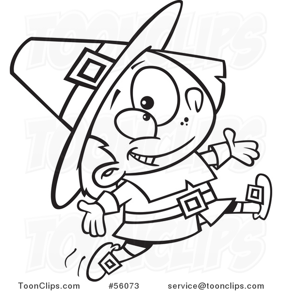Cartoon Outline Pilgrim Boy Leaping and Jumping