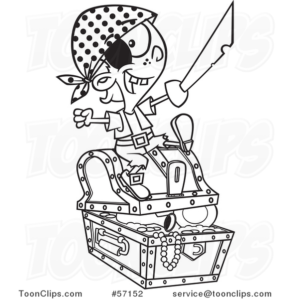 Cartoon Outline Pirate Boy Holding a Sword and Sitting on a Treasure Chest