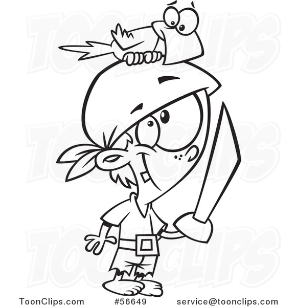 Cartoon Outline Pirate Boy with a Sword and Parrot on His Head