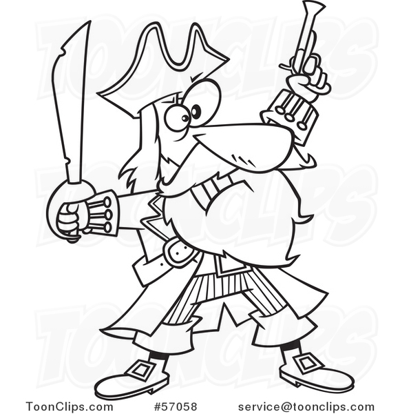 Cartoon Outline Pirate Captain, Bluebeard, Holding up a Sword and Pistol