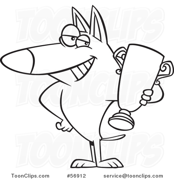 Cartoon Outline Proud Dog Champion Holding a Trophy