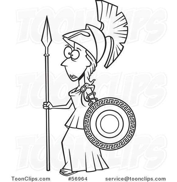 Cartoon Outline Roman Goddess of War, Athena, Holding a Shield and
