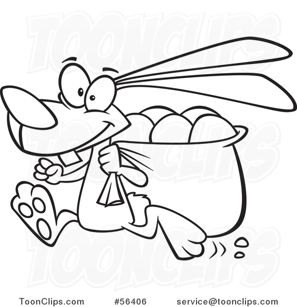 Cartoon Outline Running Bunny Rabbit with a Sack of Eggs