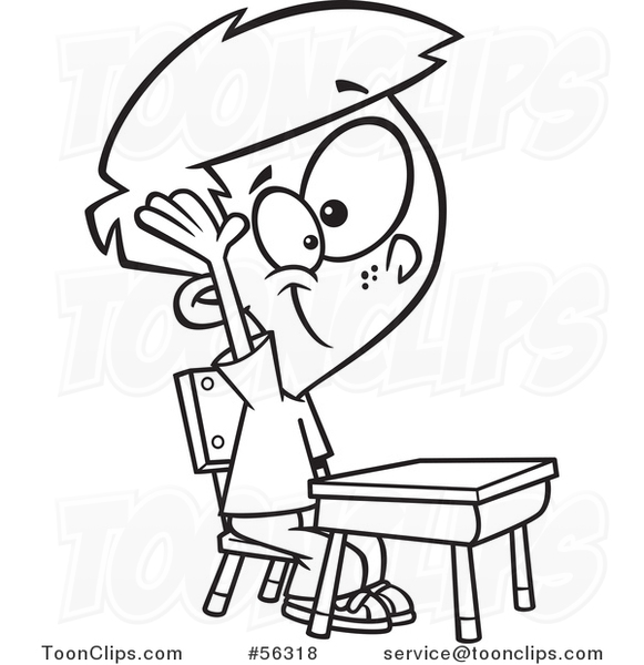 Cartoon Outline School Boy Raising His Hand At A Desk 56318 By