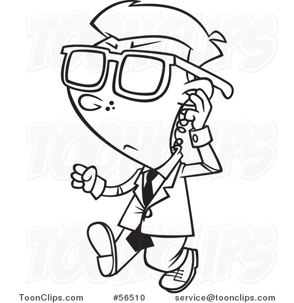 Cartoon Outline Security Boy Walking and Adjusting an Ear Piece