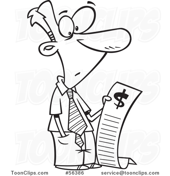 Cartoon Outline Shocked Business Man Reading a Long Bill