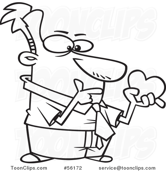 Cartoon Outline Single Valentines Day Guy Thinking and Holding a Heart