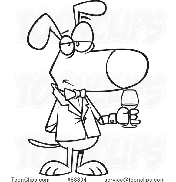 Cartoon Outline Suave Dog with a Glass of Wine