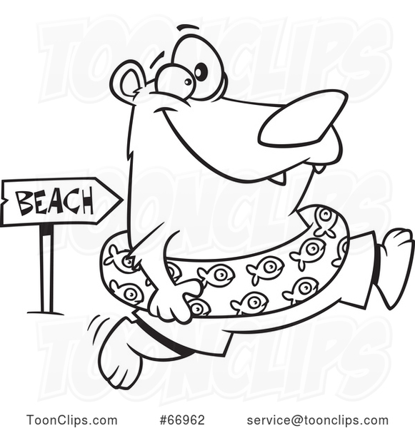 Cartoon Outline Summer Bear Wearing an Inner Tube and Running to the Beach