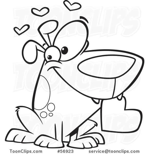 Cartoon Outline Sweet Loving Dog Holding a Valentine Heart in His Mouth