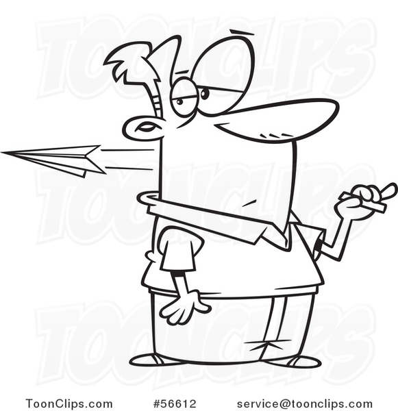 Cartoon Outline Teacher Holding Chalk While a Paper Airplane Flies by from an Unruly Student