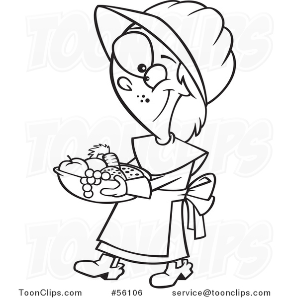 Cartoon Outline Thanksgiving Pilgrim Girl Carrying a Basket of Fruit and Veggies