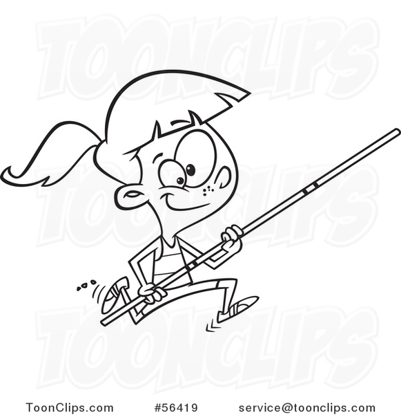 Cartoon Outline Track and Field Pole Vault Girl Running