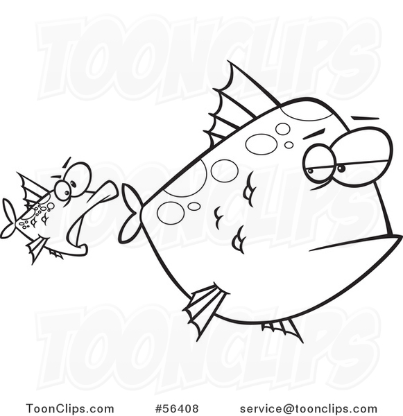Cartoon Outline Unamused Big Fish Looking Back at an Optimistic Fish Trying to Attack