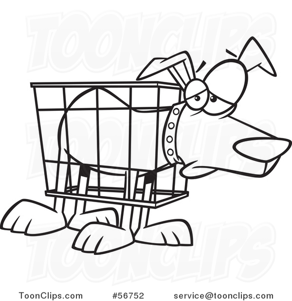 Cartoon Outline Unhappy Dog in a Cramped Crate