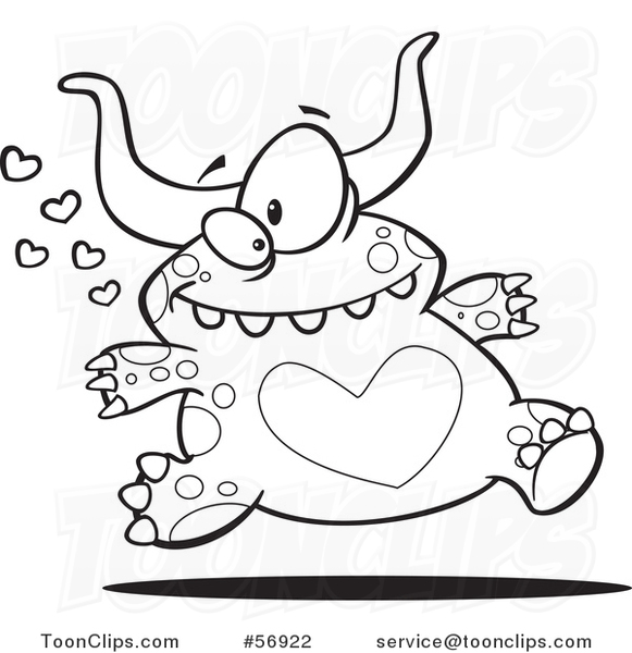 Cartoon Outline Valentine Monster with a Heart Belly, Running