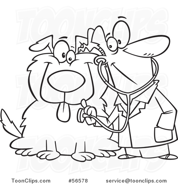Cartoon Outline Veterinarian Using a Stethoscope on a Big Dog