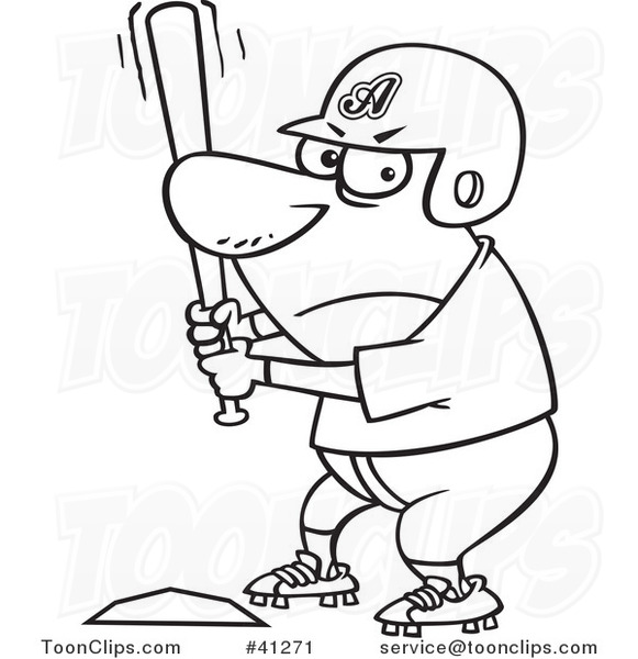 Cartoon Outlined Aggressive Baseball Player Batting at Home Base
