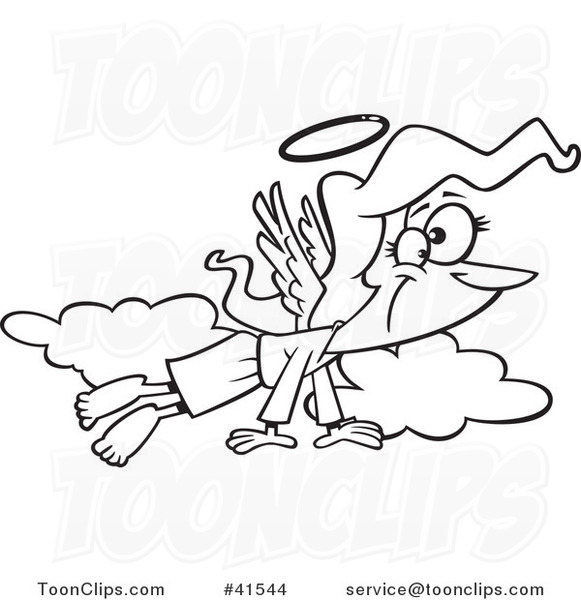 Cartoon Outlined Angel Lady Flying in the Clouds