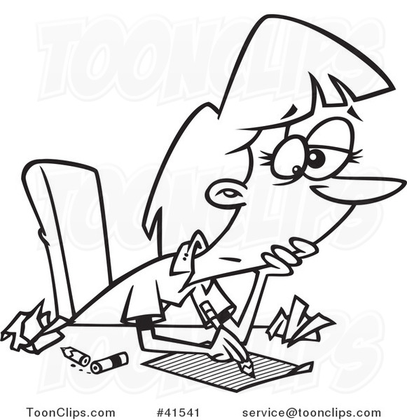 Cartoon Outlined Author Lady with Writers Block